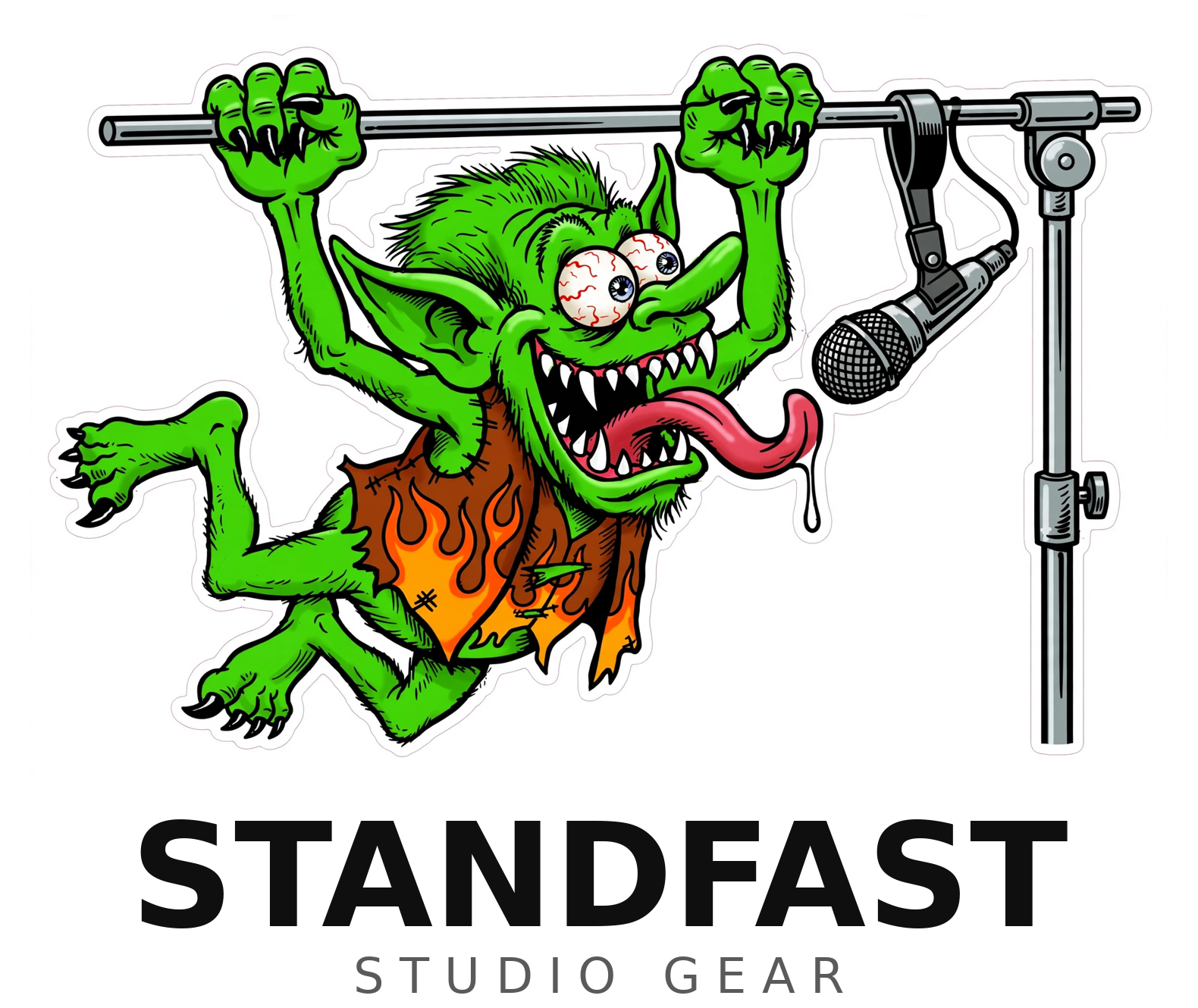 StandFast — goblin mascot hanging from a mic boom arm, reaching for the microphone